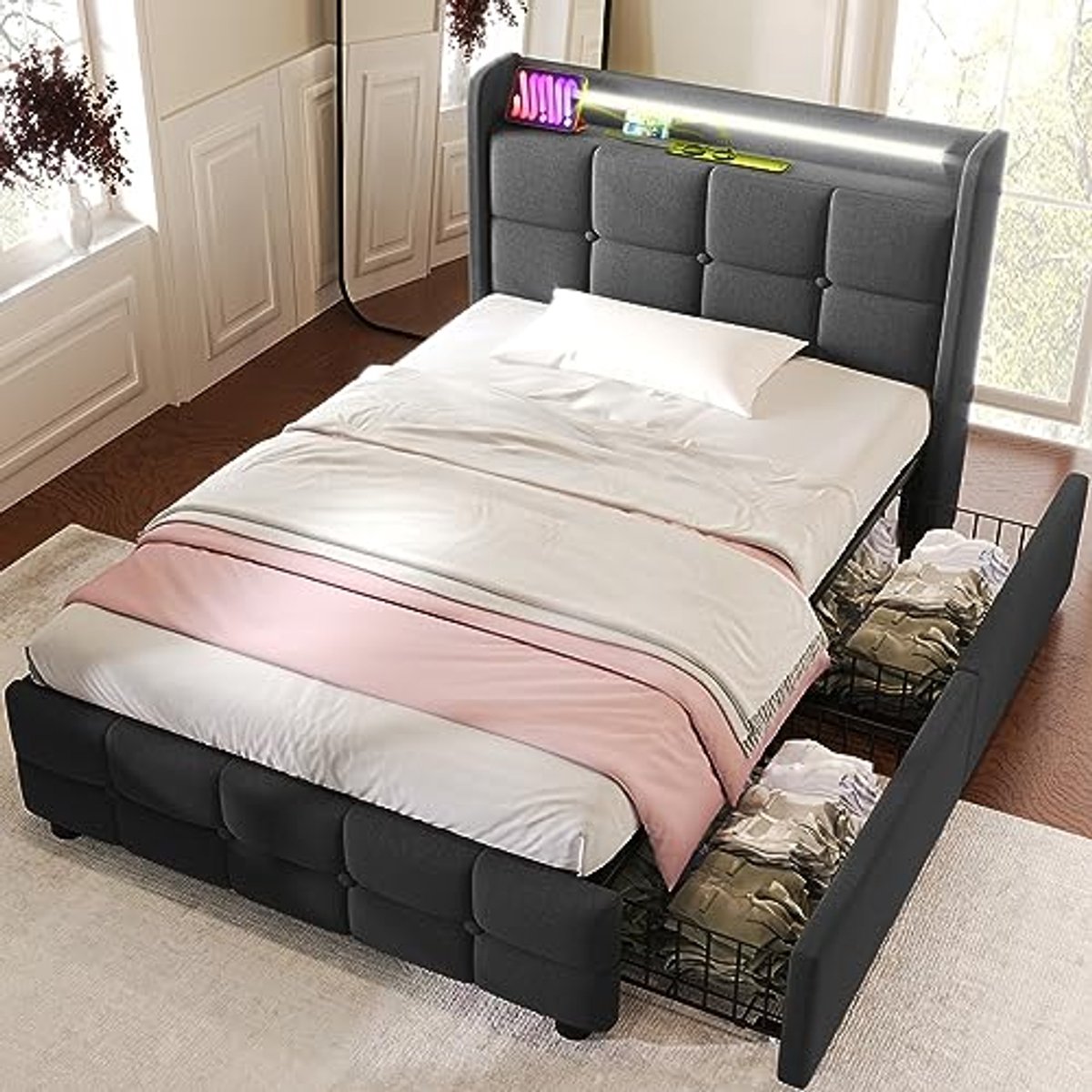 Linnen Bed met Hoofdbord en 2 Lades, 90 x 200 cm, Eenpersoonsbed, Opbergbed, Bedframe, Houten Lattenbodem
