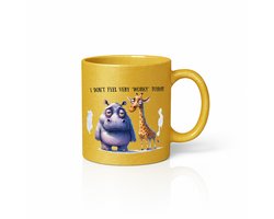 Gouden Mok 330ml – “I Don’t Feel Very Worky Today” Grappige Nijlpaard & Giraffe Cartoon Koffiebeker