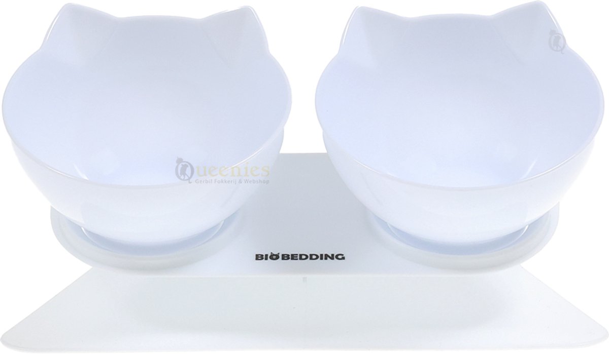 BioBedding Kattenvoerbak Dubbel 15° Kantelbaar – Wit – Ergonomische Voer- en Drinkbak – Antislip – BPA-vrij – Voor Katten en Kleine Honden