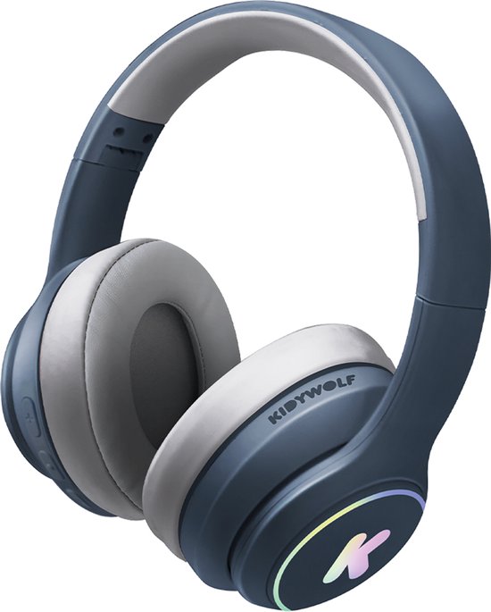 Casque pour enfants K-EARS bleu avec des coussinets d'oreille gris clair et un logo K lumineux.