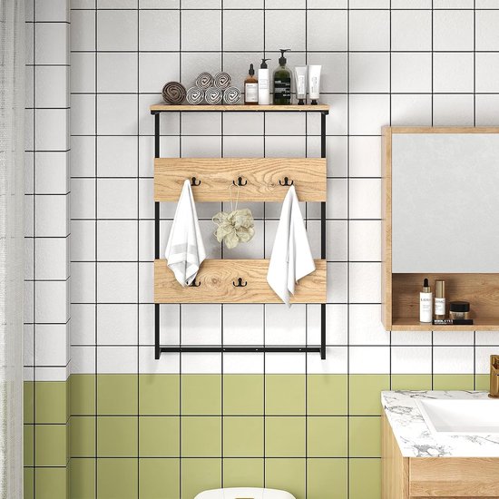 Porte-Manteau Mural Avec Étagère En Bois - 18 Crochets - Patère Murale Pour Entrée, Chambre Et Cuisine