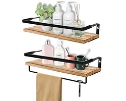 QINERSAW Set van 2 zwevende wandplanken met handdoekhouder, zwevende planken, houten plank, zwevende planken, houten wandplank voor keuken, hangend, badkamer, rustieke plank, muur, slaapkamer, bruin,
