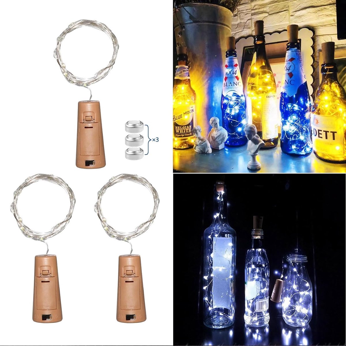 Fles Kurk Lichten Koel Wit, 20 LEDs 2M String Fairy Lights, LED Gin Wijnfles Lights voor Dinner Party, Decoratie Licht voor Bruiloft, Tuintafel, Slaapkamer, Cadeau voor Kerstmis, Pack van 3