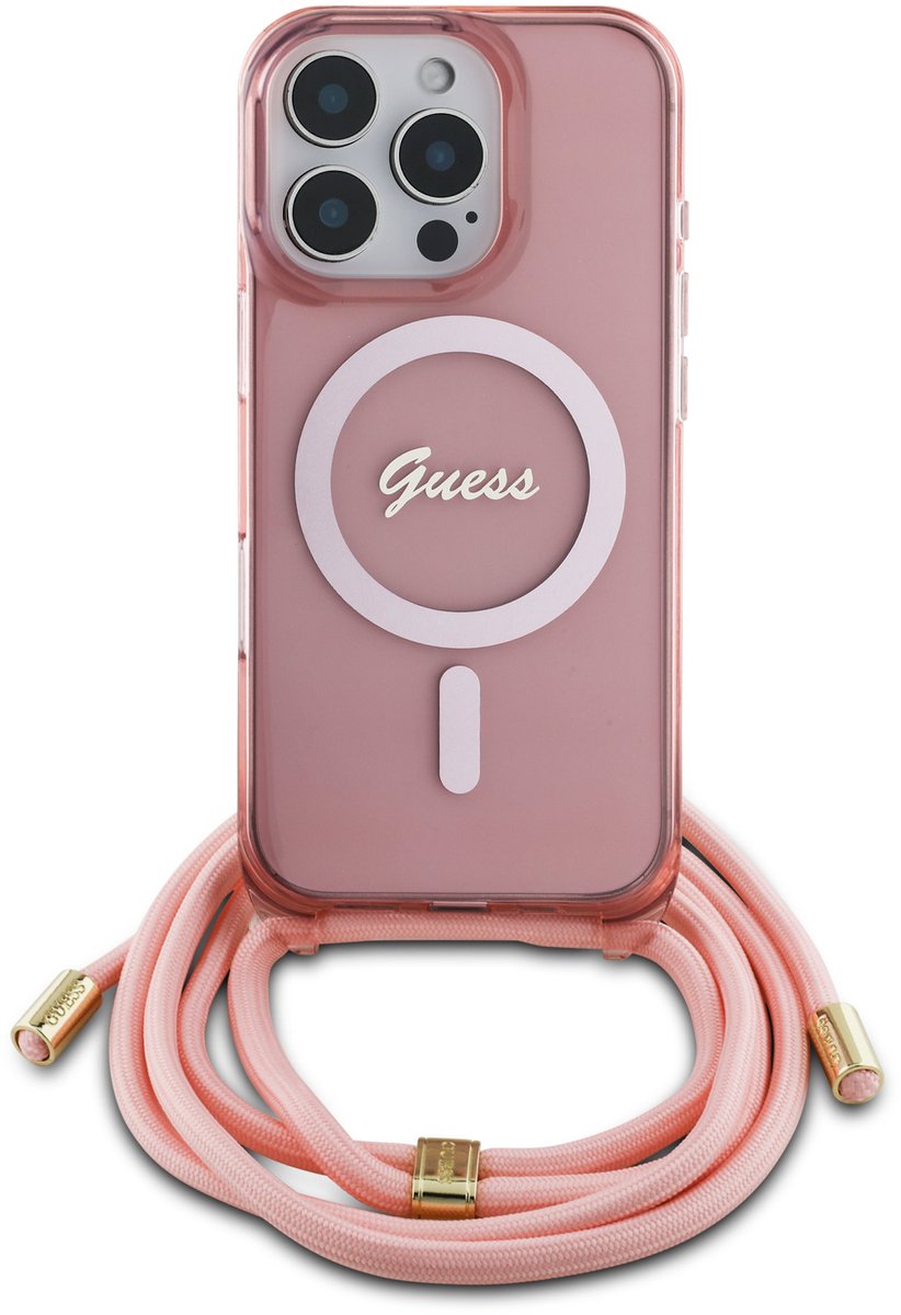 Guess iPhone 16 Pro Max Backcover hoesje Magsafe IML crossbody cord script - Roze
