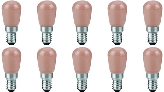 Tien roze LED lampen met E14 fitting op een witte achtergrond.
