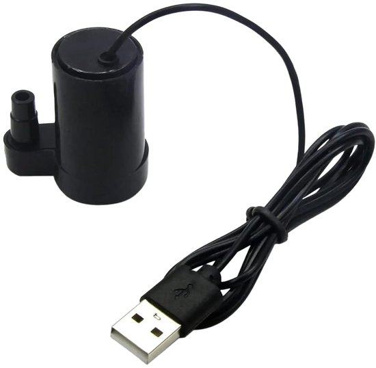 Zwarte mini waterpomp met USB-kabel.