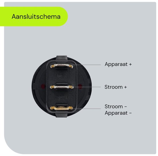 Aansluitingen van een zwarte schakelaar met labels: Apparaat +, Stroom +, Stroom -, Apparaat -.