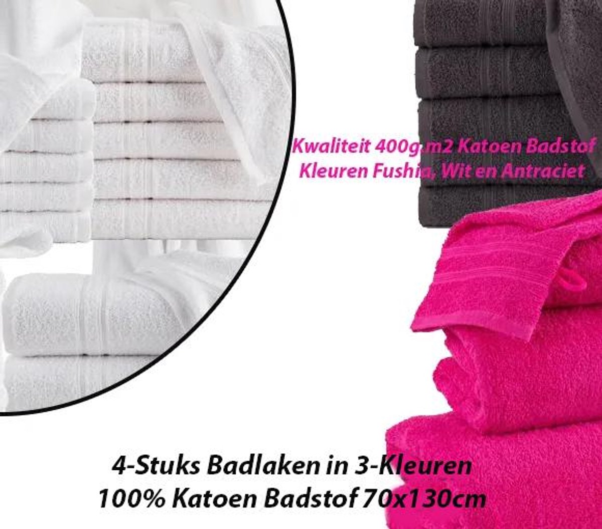 4-Stuks Badlaken in 100% Katoen Badstof 70x130cm Kleur Fushia / Roze
