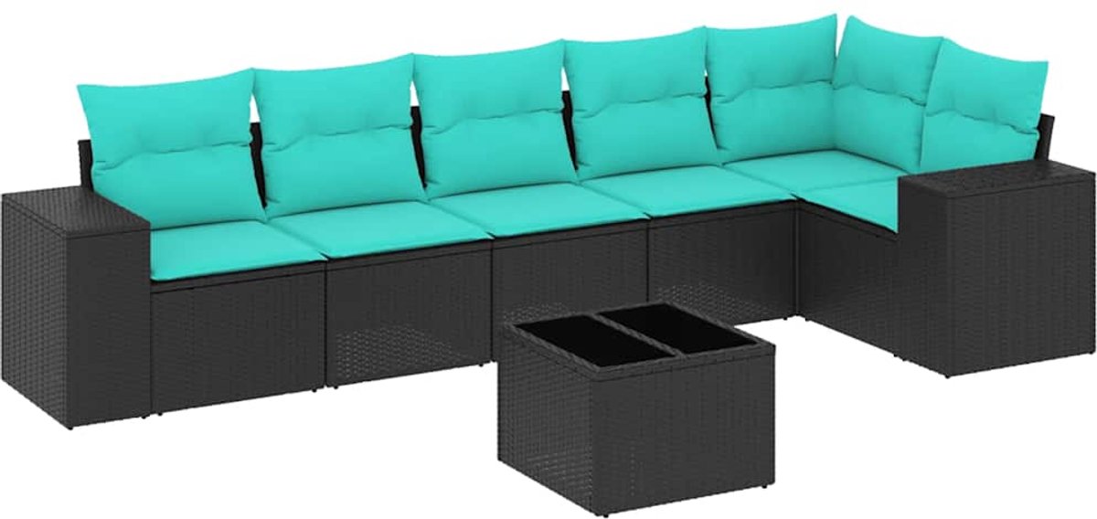 vidaXL - 7-delige - tuinbankset - met - kussens - van - zwart - polyrotan