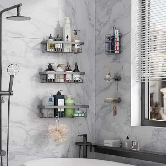 COSYLAND Douchecaddy boven de deur, roestvrije badkamerplankorganizer, SUS304 roestvrijstalen wandrek voor slaapzaal, toilet, bad en keuken, zwart