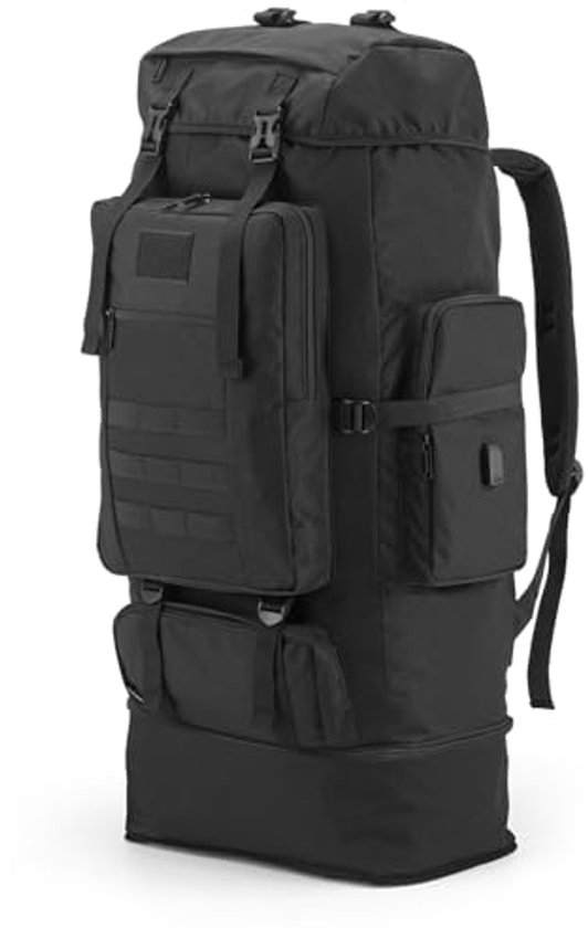 Nayubo 100L Wandelrugzak, tactische militaire Molle-rugzak met USB- oplaadpoort - grote capaciteit voor heren en dames, kampeeruitrusting voor backpacken, trekking, klimmen, buitenreizen (zwart