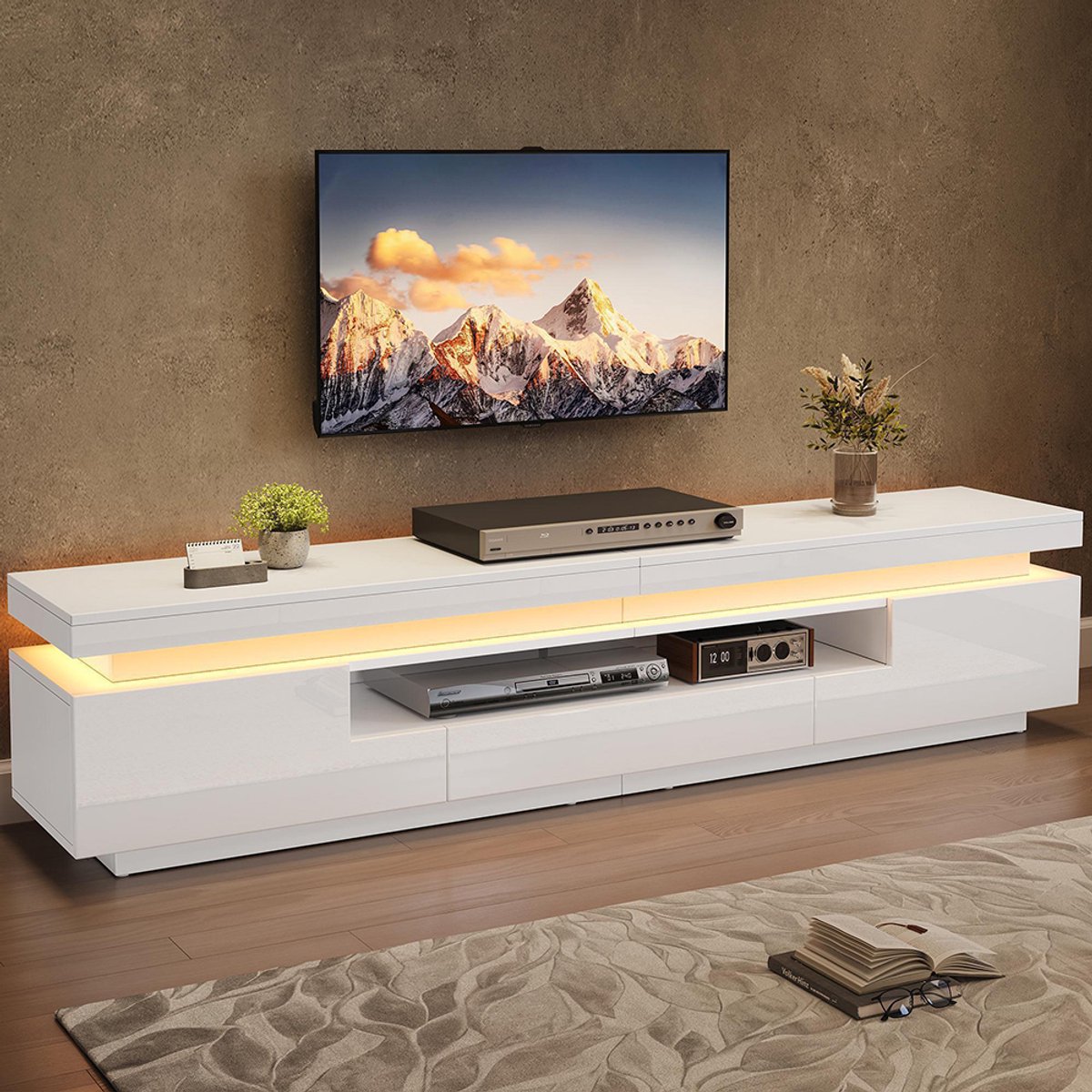 KOMHTOM BLACKCOLORS - Hout TV-meubel - 175x38x45 cm - 2 L-kasten - 1 lade - Glanzend - Halfopen opbergruimte - LED-verlichting - Voor 75 inch tv Wit