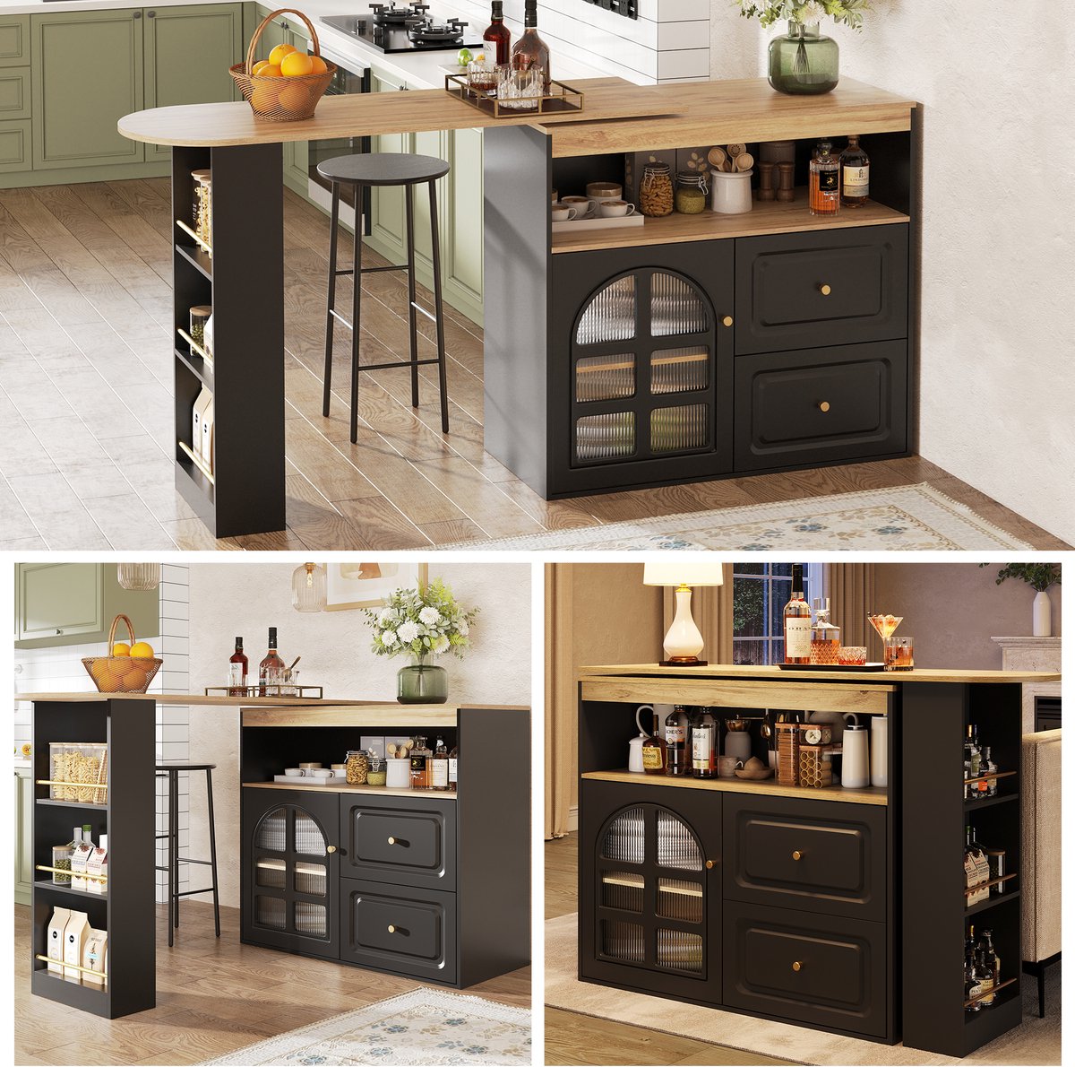 360° Draaibare Snackbar - Zwart Moderne Bartafel met 2 Lades, Snackplank & Open Opbergvak - Sideboard met Bogenglas
