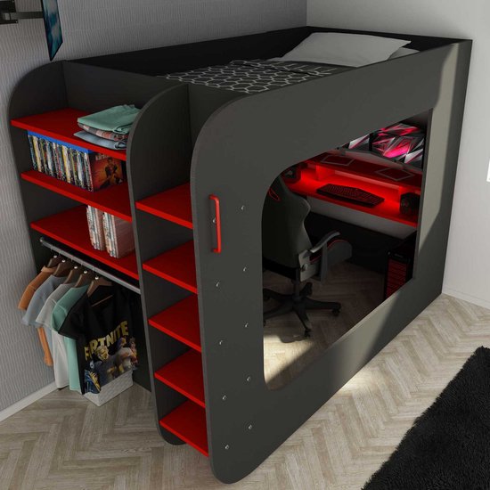 Lit mezzanine Graham avec bureau gamer 120x200cm - anthracite/rouge - Trasman - Lits mezzanines avec bureau - Anthracite|Rouge - Panneaux de particules - Lits mezzanines avec bureau