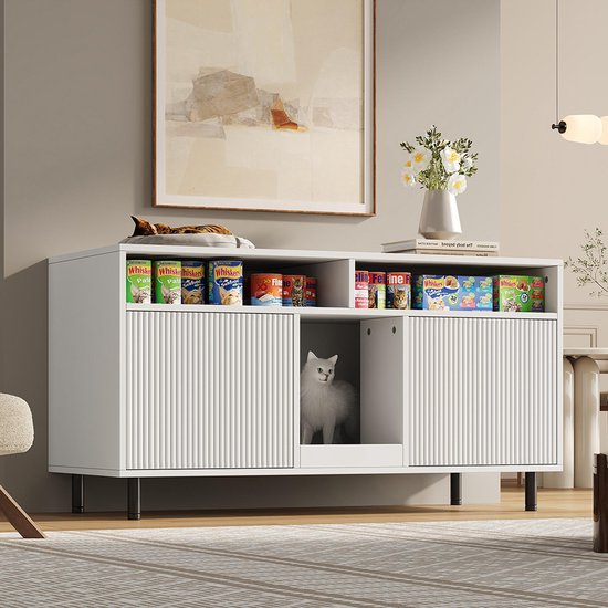 BLACKCOLORS - Meuble pour bac à litière pour chat - Tapis récupérateur de sable - Meuble pour animaux avec espace de rangement - Commode pour animaux/Meuble TV - Sans bac à litière - 120x50x66 cm - Wit