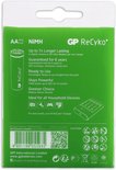 Achterkant van de verpakking van vier GP ReCyko+ NiMH AA batterijen.