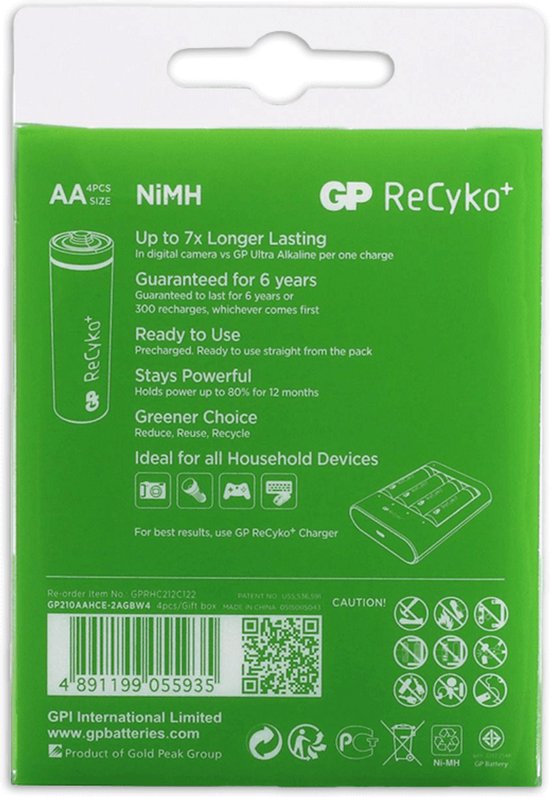 Achterkant van de verpakking van vier GP ReCyko+ NiMH AA batterijen.