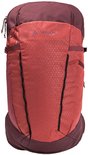 Rode VAUDE rugzak met een gedetailleerd geometrisch patroon op het voorpaneel en maroon accenten.