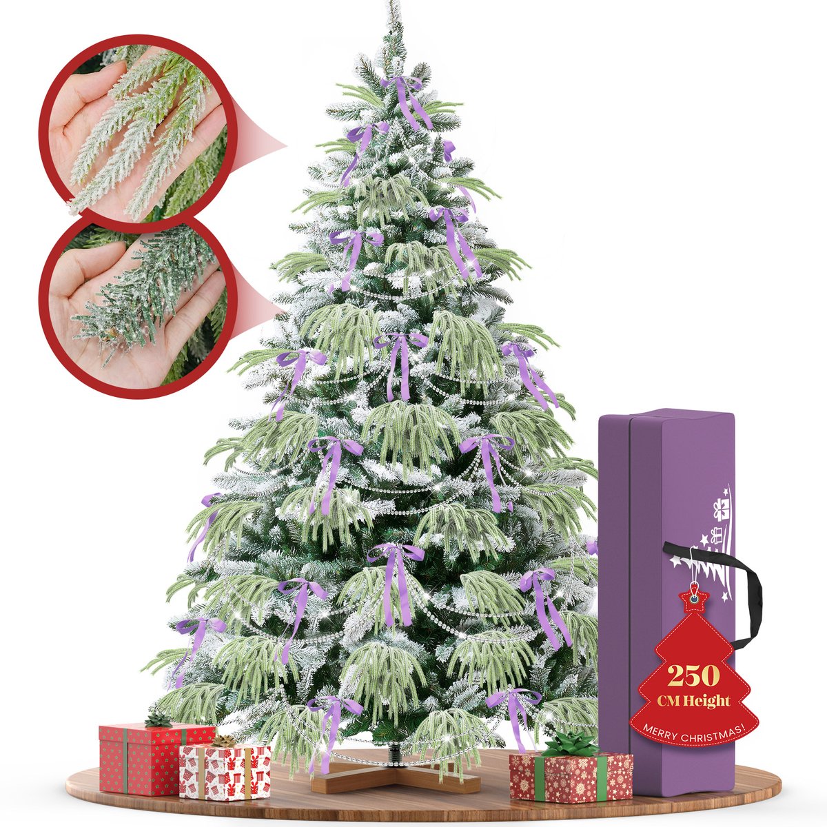 250 cm Kunstkerstboom - PVC + PE Groene Kerstboom - Kunstmatige Spar Met Sneeuweffect - Decoratieve Accessoires - Beschermende Handschoenen, Opbergtas, Houten Standaard, Snel te Monteren Vouwsysteem