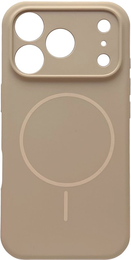 Zand beige telefoonhoesje met magnetische cirkel en camera-uitsparing, frontaal gezien.