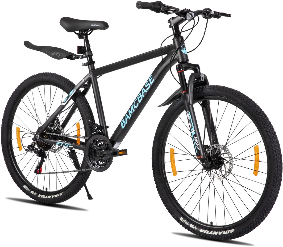 Bamcbase Sedona voorvering mountainbike - 26" - aluminium frame - 21 versnellingen - handrem - mechanische schijfremmen - Bell - spatborden - zwart - Geschikt voor buitenactiviteiten in de lente
