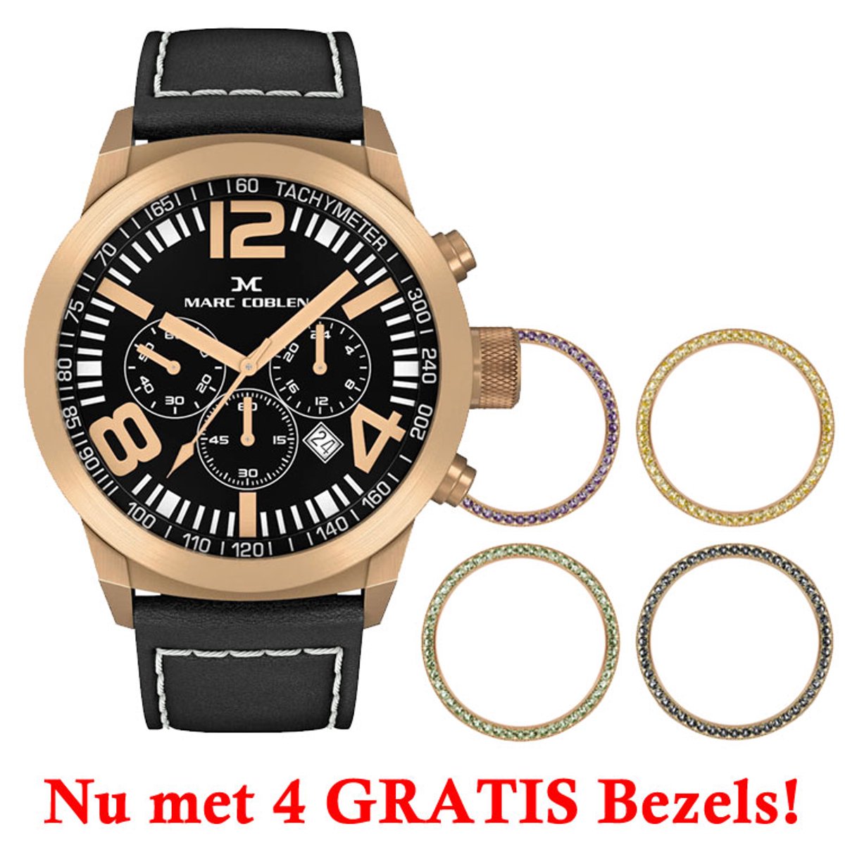 Marc Coblen Chronograaf 42mm ! Nu met GRATIS Set van 4 Verwisselbare Lunettes ! - MC42R2 Rosegoud