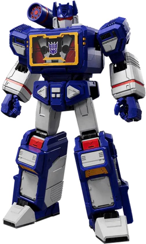 Blauwe en witte Transformer robot met cassettecompartiment open, staat recht.