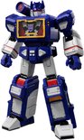 Blauwe en witte Transformer robot met cassettecompartiment open, staat recht.