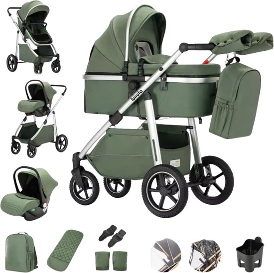 Groene kinderwagen 3-in-1 met reiswieg, autostoel, buggy-inzet, draagtas en winteraccessoires.