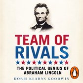 Couverture du livre "Team of Rivals" avec un portrait d'Abraham Lincoln, texte rouge et bleu et étoiles.