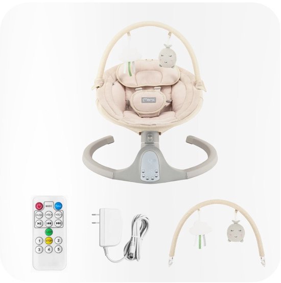 Overzicht van de beige babyschommel met speelboog, afneembare speeltjes, afstandsbediening en stroomadapter.