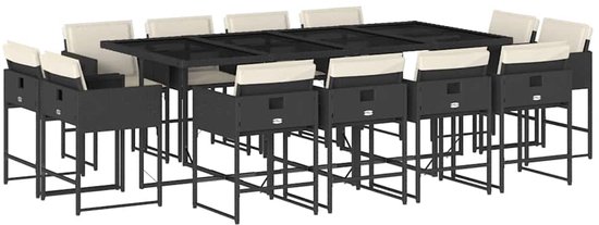 Zwart polyrotan tuinset met glazen tafel en 12 barkrukken met beige kussens, van voren gezien.