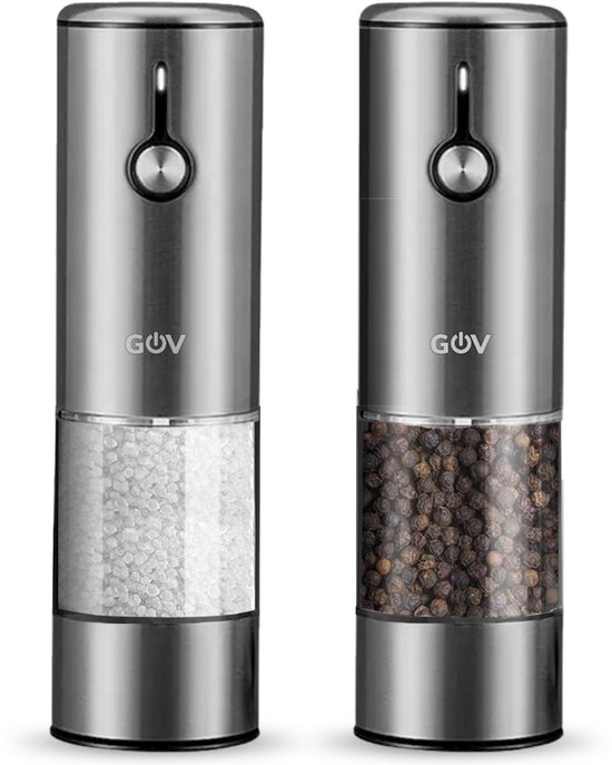 Ensemble sel et poivre GOV - Acier inoxydable Deluxe II - Électrique - Rechargeable - Double Siècle des Lumières - Acier inoxydable - Moulin à poivre - Moulin à sel - Minimaliste