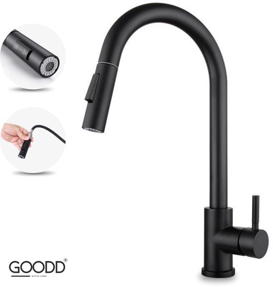 GOODD® - Keukenkraan - Met uittrekbare uitloop - Twee sproeistanden - Zwart - Met omstel