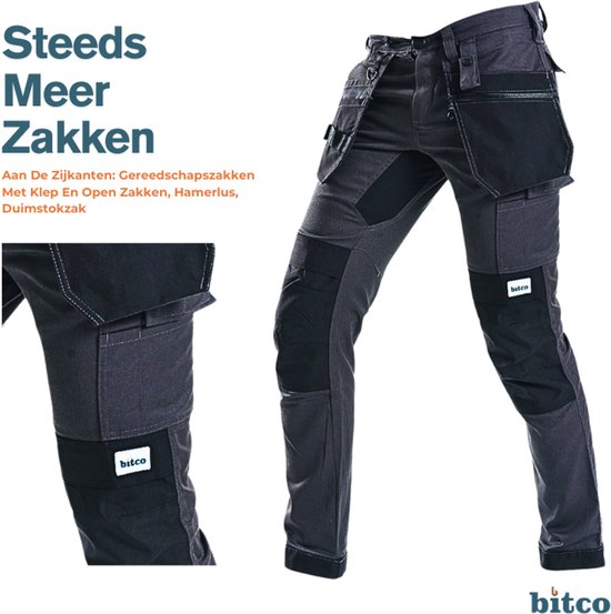 BITCO- SAUER -Stretch Black Work Pants Men Poches genouillères hydrofuges et oléofuges Renforcé en Water