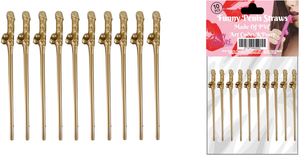 Gouden Piemel Rietjes – Set van 10 – Feestelijke Plastic Rietjes voor Vrijgezellenfeest