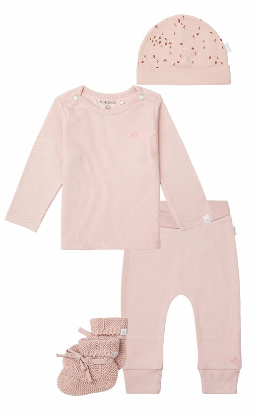 Foto: Noppies kledingset 4 delig broek naura rose smoke shirt natal muts navar slofjes nelson maat 50