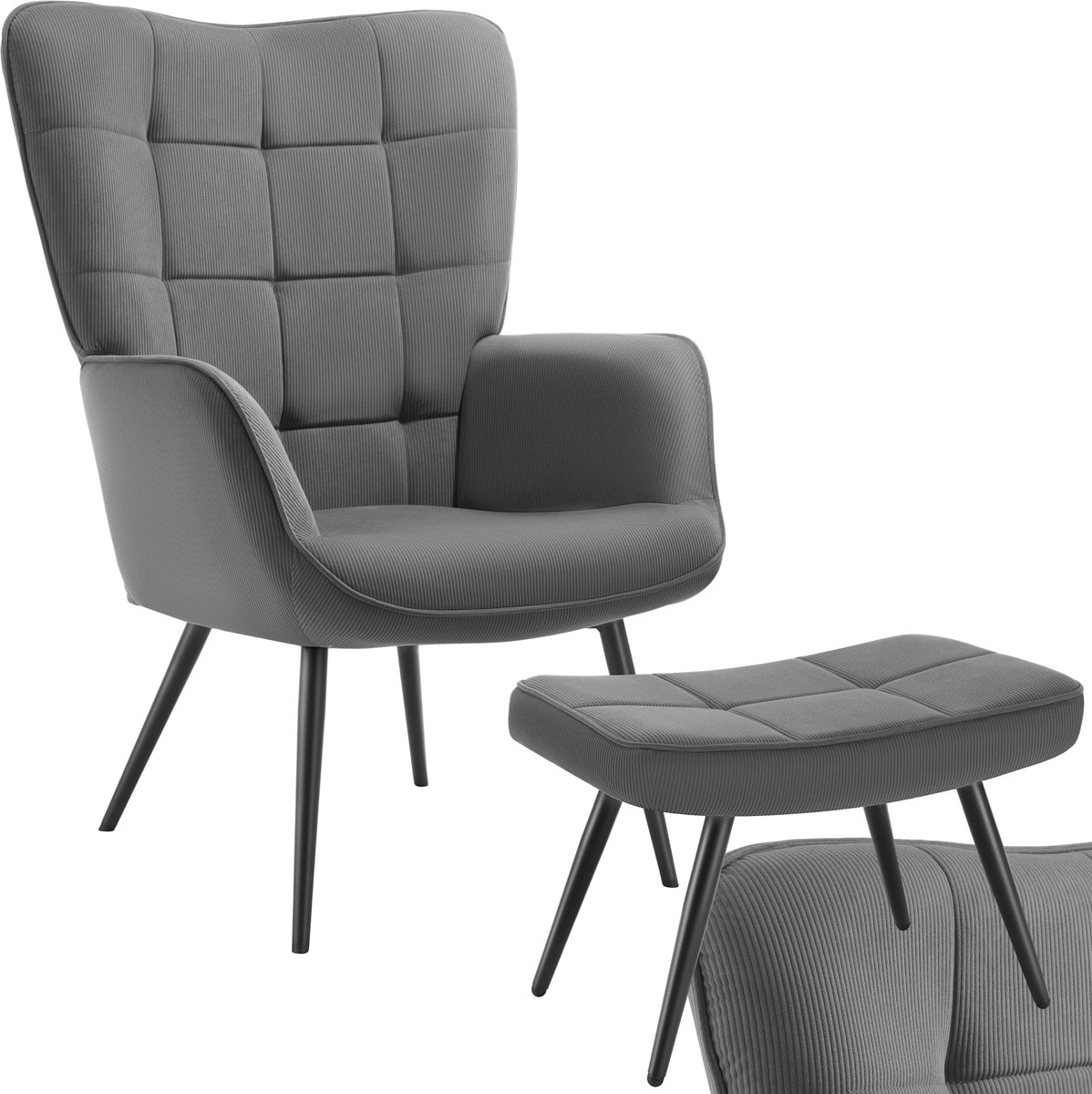 tectake® Oorfauteuil met Hocker – Scandinavische Teddy Bouclé Fauteuil – Lounge- en Woonkamerstoel – Zwart Metalen Poten – Draagvermogen 150kg – Grijs
