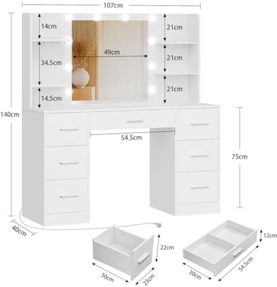 Kaptafel met LED Spiegel en Stopcontact met Opbergruimte - Tafels
