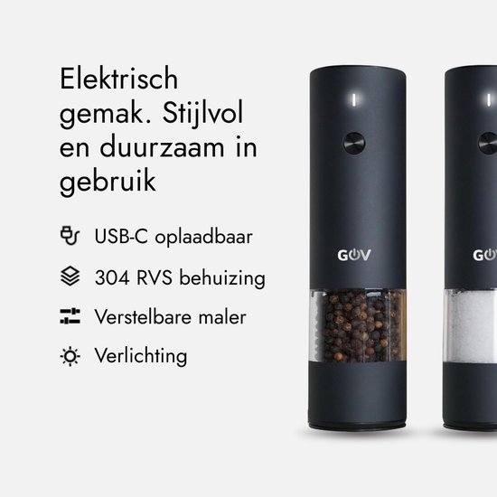 Salière et poivrière électrique GOV - Acier inoxydable régulier - Rechargeable - Édition noire - Zwart - Moulin à poivre - Cadeau - Acier inoxydable