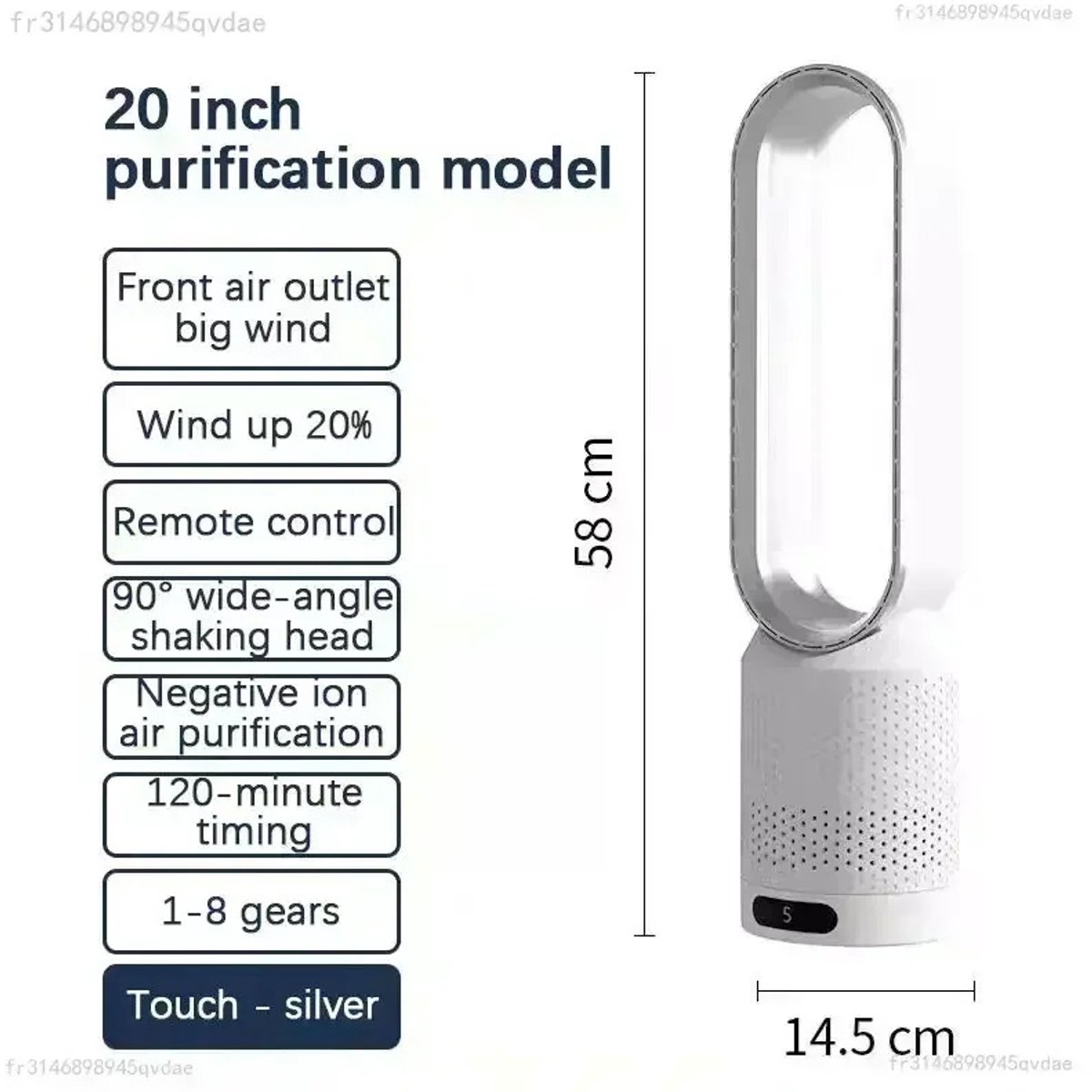 Bladloze Torenventilator - Zilver - Air Circulation & Luchtreiniging - Ultra Stil Slaapmodus 30 dB - 8 Snelheden - Met afstandsbediening - 90° Oscillerend - 2-uurs timer - Veilig voor kinderen & huisdieren - Bureau- en vloermodel