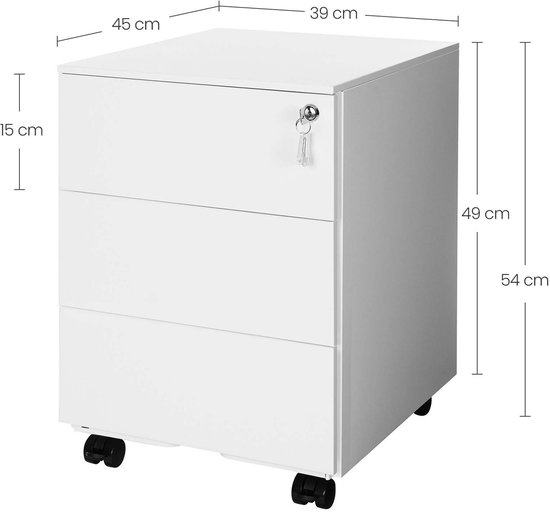 Wit ladeblok met drie lades, inclusief afmetingen 45 x 39 x 54 cm.