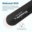 Detail van de gepolijste roestvrijstalen schoenlepel met bruin lederen handvat. Merknaam 'Shoeple'.