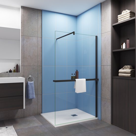 Moderne inloopdouche 100x200cm-8mm easy clean glas met planchet-F-stabilisatiestang 140cm-Snijbaar-Mat zwart