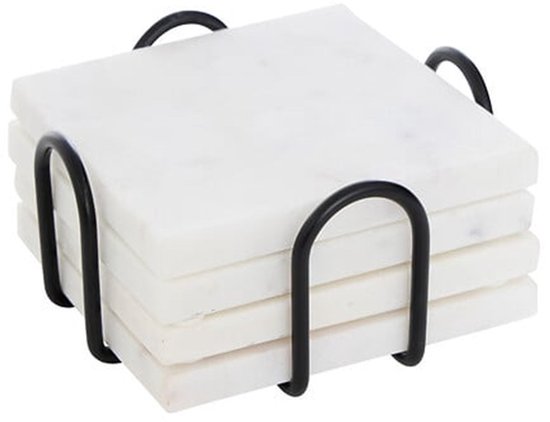 5Five Sous-verres de verre - marbre - 4 pièces - carré - pierre - 10 x 10 cm - blanc - sur support en métal noir