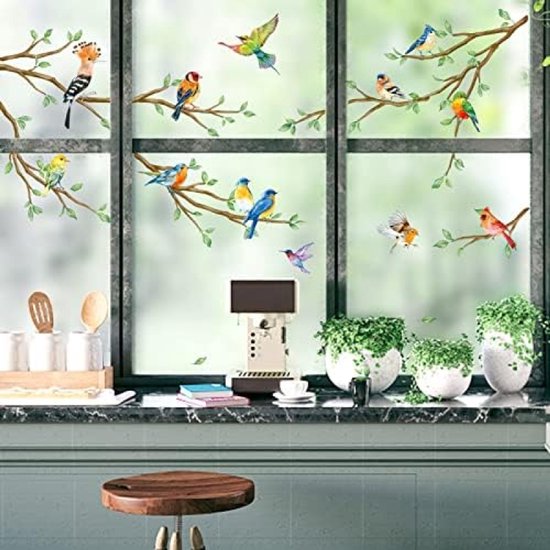 Foto: Zomer boom met tak raam kleeft muurstickers dubbelzijdig anti botsing kolibries vogelwereld raamstickers glas venster deuren decoratie set