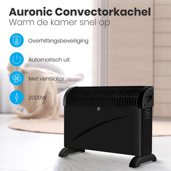 Zwarte Auronic convectorkachel met ventilatie. Beveiliging tegen oververhitting en automatische uitschakeling. 2000W.