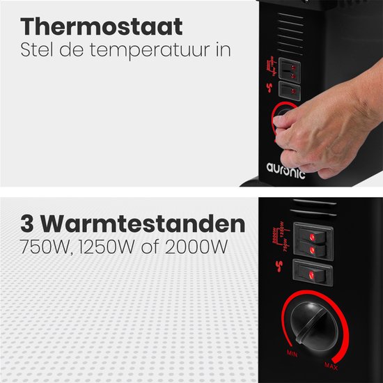 Gedetailleerde close-ups van de zwarte Auronic convectorkachel, met thermostaat, 3 warmtestanden (750W, 1250W, 2000W) en schakelaars.