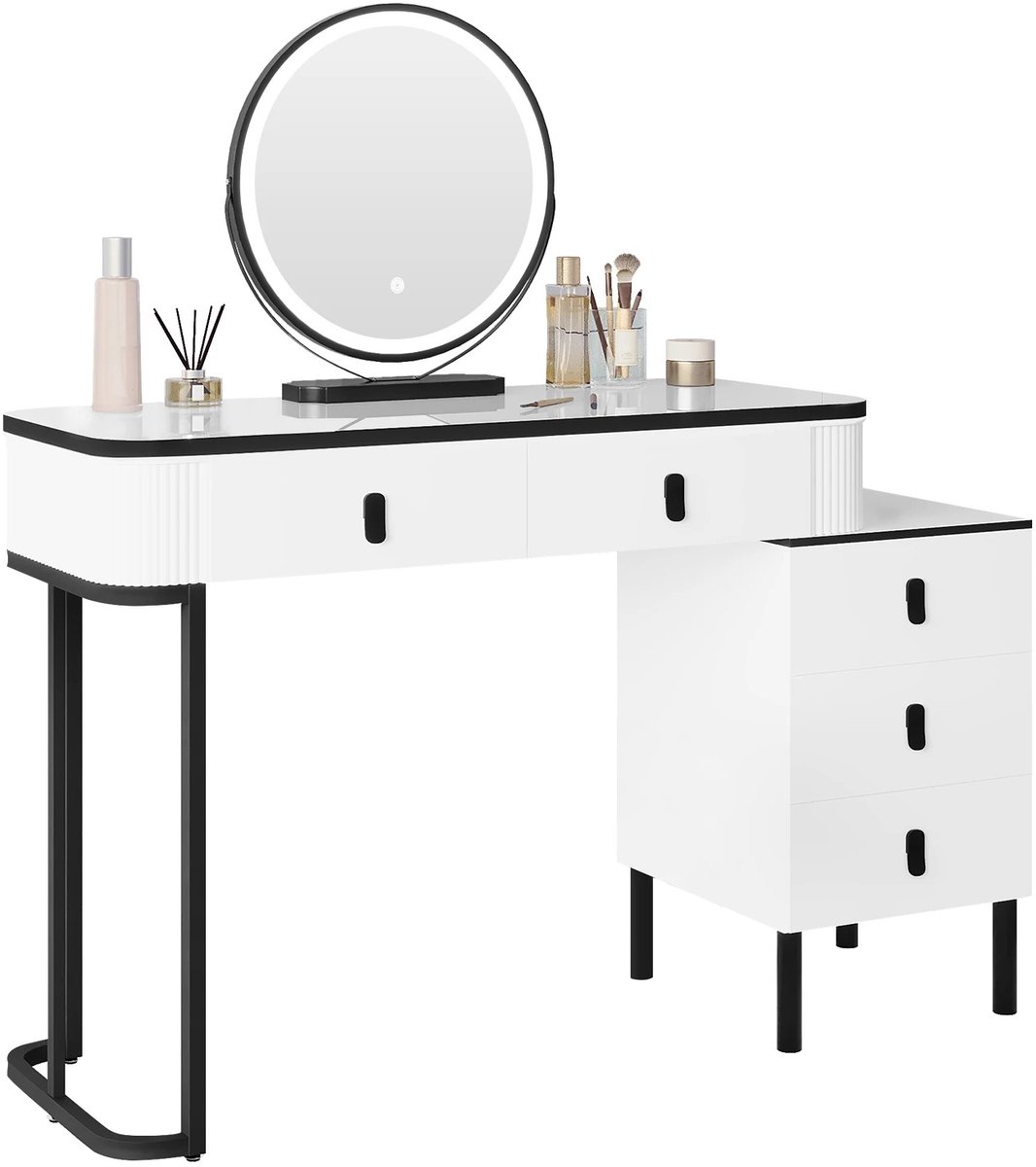 Kaptafel met LED-verlichting - make-uptafel met spiegel - flexibele montage - opbergvakken en lades - kruk inbegrepen - modern design voor slaapkamer dames en meisjes