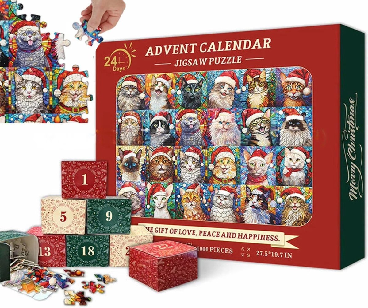Adventskalender 2026 - Legpuzzel met kattenadventskalender - adventskalender puzzel - Adventskalender 2026 vrouw - Legpuzzel met 1008 stukjes kerst - adventskalender - 70x50 cm - Kerstcadeau Woondecoratie Kat